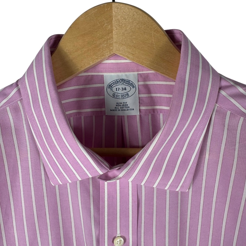 Brooks Brothers Slim Fit Non-Iron Cotton Striped Dress Shirt Pink White 17-34